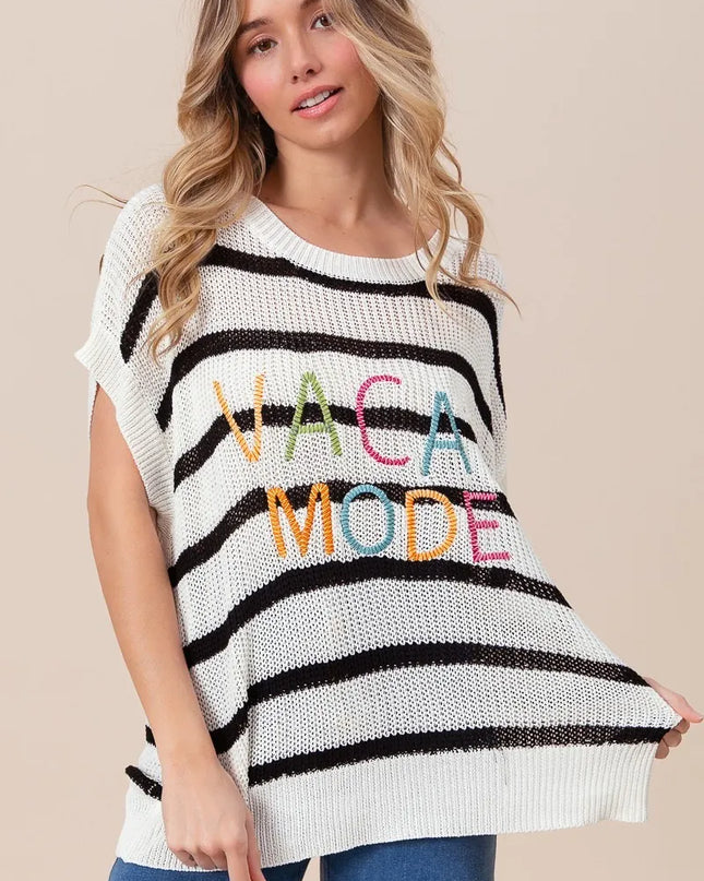 BiBi Vacay Mode Lettering Drop Shoulder Striped Sweater