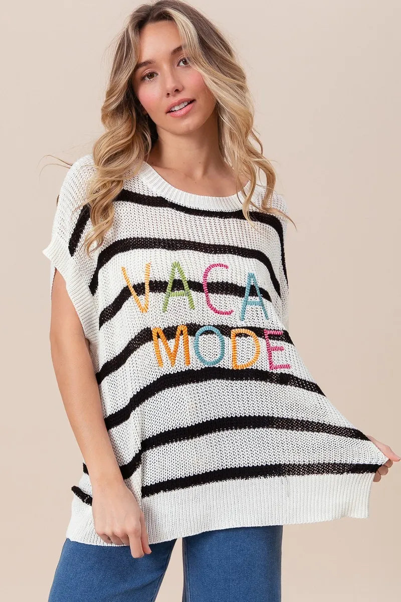 BiBi Vacay Mode Lettering Drop Shoulder Striped Sweater
