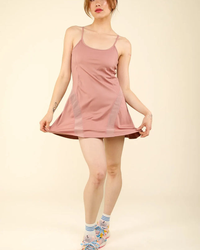 VERY J Mesh Detail Tennis Mini Active Dress with Shorts Inside