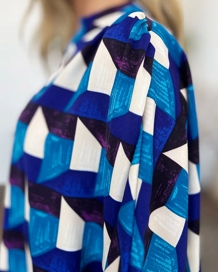 Double Take Full Size Geometric Notched Half Sleeve Blouse