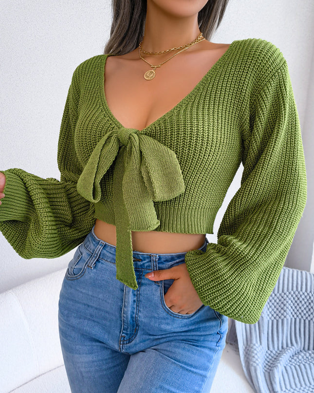 Tie-Front Rib-Knit Cropped Sweater