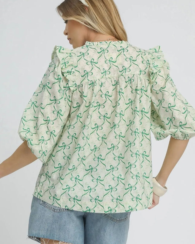 Umgee Ruffled Bow Print Notched Blouse