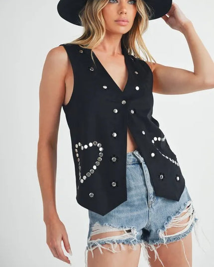 Aemi + Co Heart Rivet Detail Suede Vest Coat Black