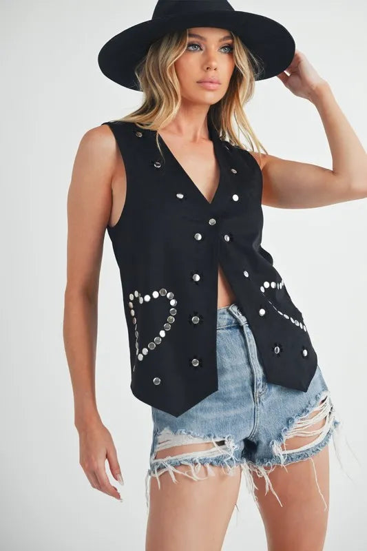 Aemi + Co Heart Rivet Detail Suede Vest Coat Black