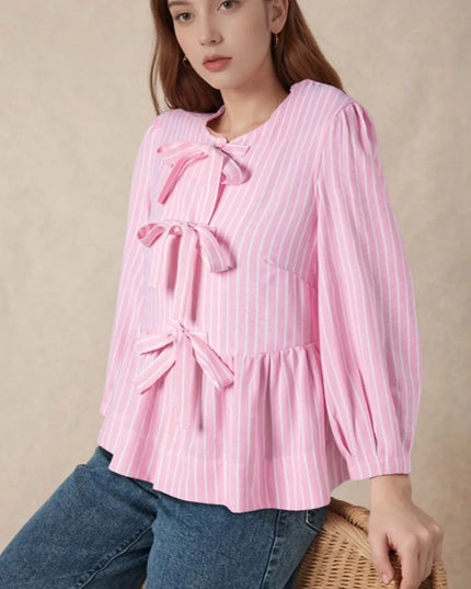 Tie Front Striped Peplum Blouse Blush Pink