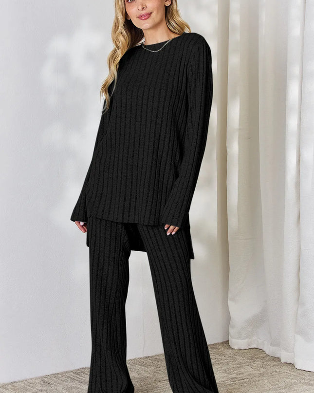 Basic Bae Full Size Ribbed High-Low Top and Wide Leg Pants Set Black