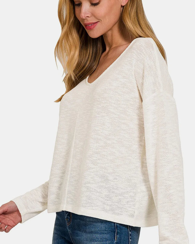 Zenana V-Neck Dropped Shoulder Long Sleeve T-Shirt