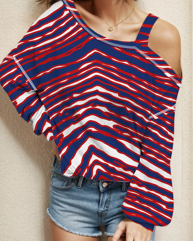 Striped Asymmetrical Neck Long Sleeve T-Shirt Scarlet
