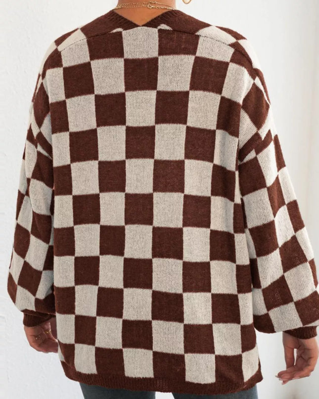 Checkerboard Pattern Open Front Knit Cardigan