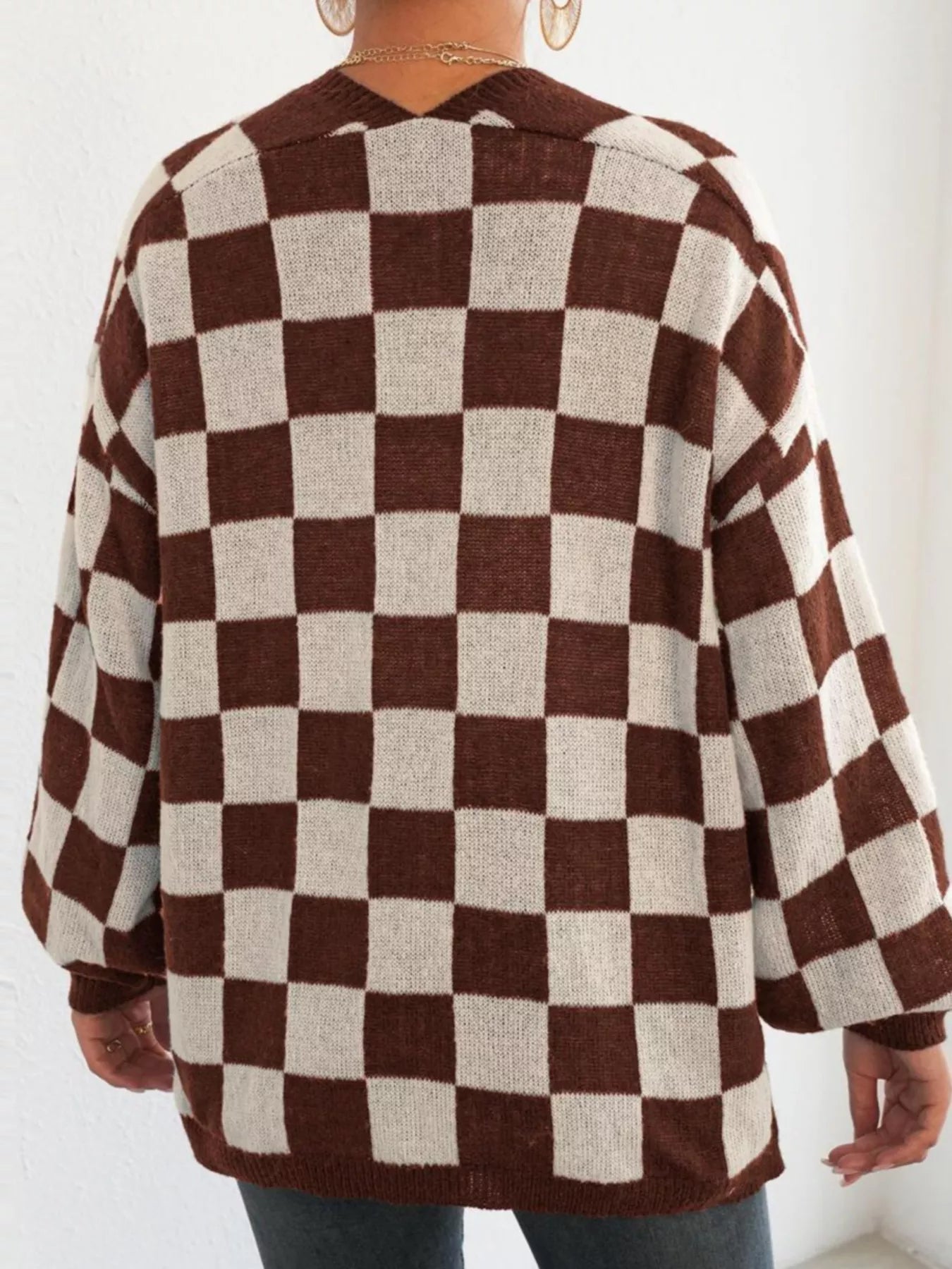 Checkerboard Pattern Open Front Knit Cardigan
