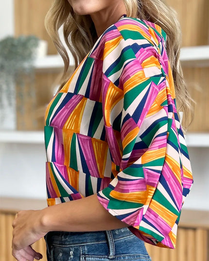 Double Take Full Size Geometric Notched Dolman Sleeve Top