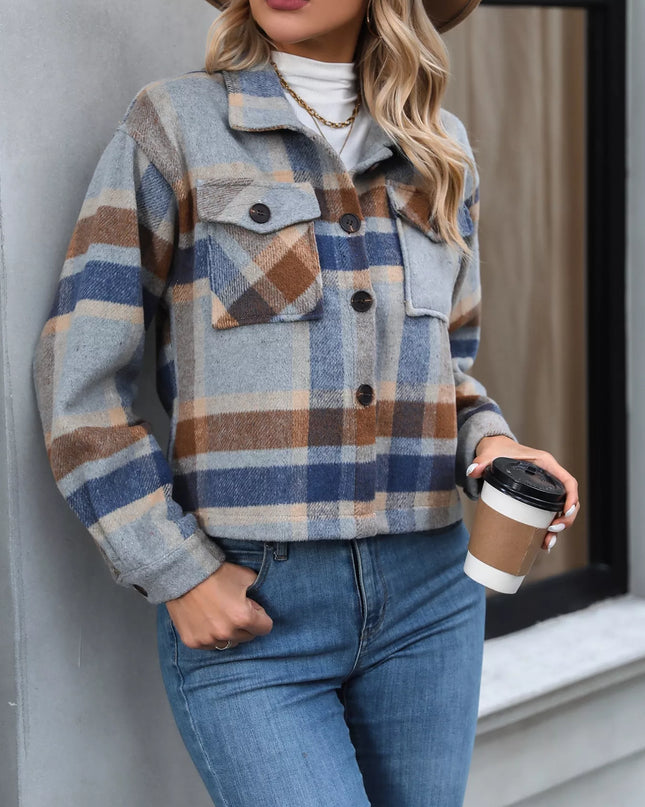 Plaid Oversized Button-Up Cropped Jacket