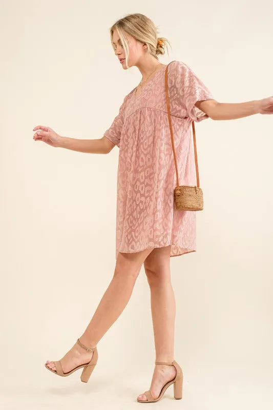 And The Why Woven Leopard Baby Doll Roll-Sleeve Casual Dress