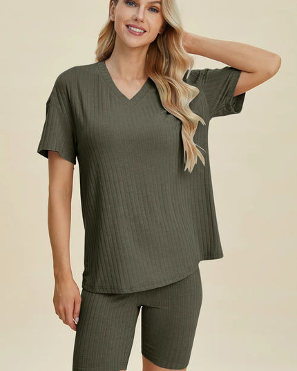 Basic Bae Full Size Ribbed V-Neck Short Sleeve Top and Shorts Set