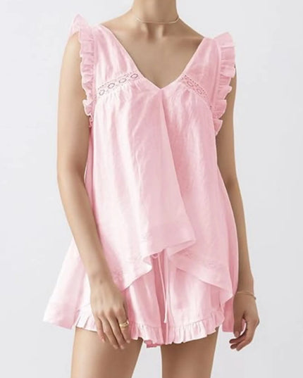 Ruffled V-Neck Top and Shorts Set
