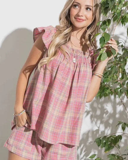 And The Why Plaid Print Smocked Detail Ruffle Baby Doll Top