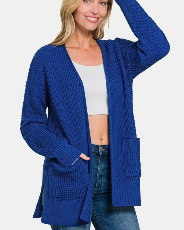 Zenana Waffle Open Front Sweater Cardigan LT Navy