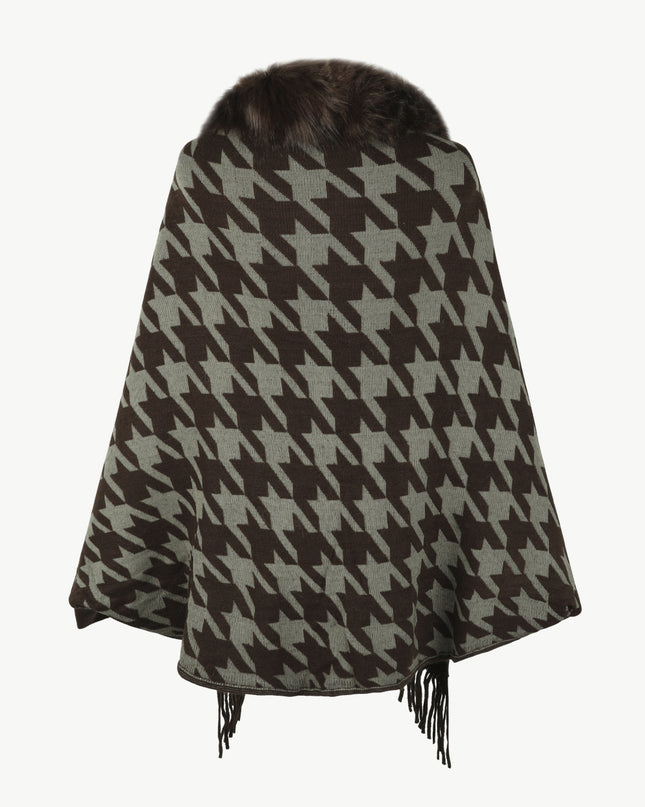 Houndstooth Fringe Hem Poncho