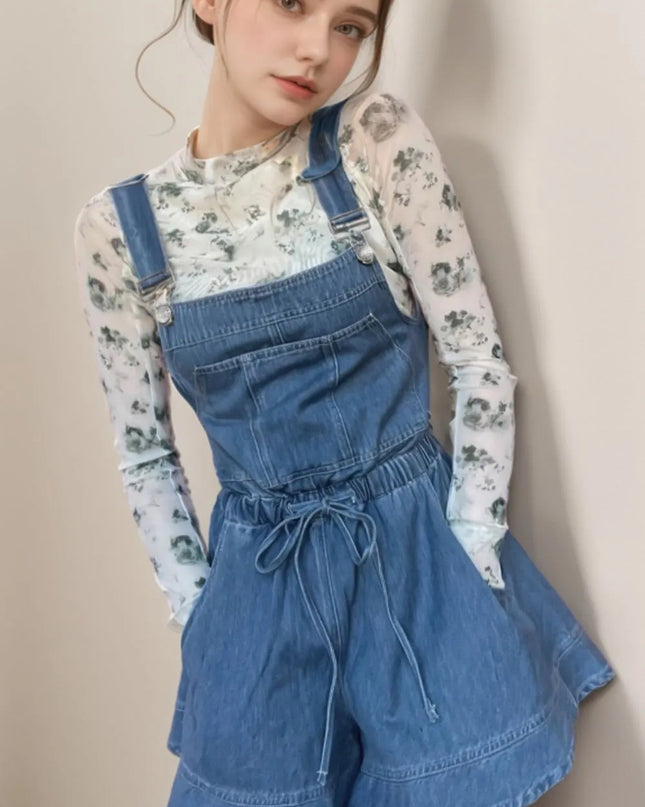 Wide Strap Square Neck Denim Overalls 