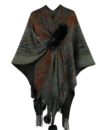 Heathered Fringe Hem Poncho Black One Size