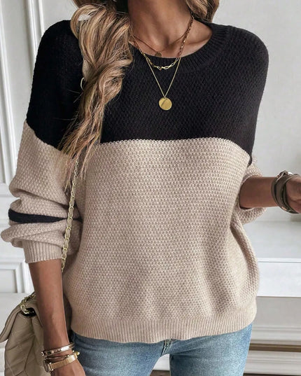 Color Block Knit Striped Sleeve Detail Casual Sweater Khaki