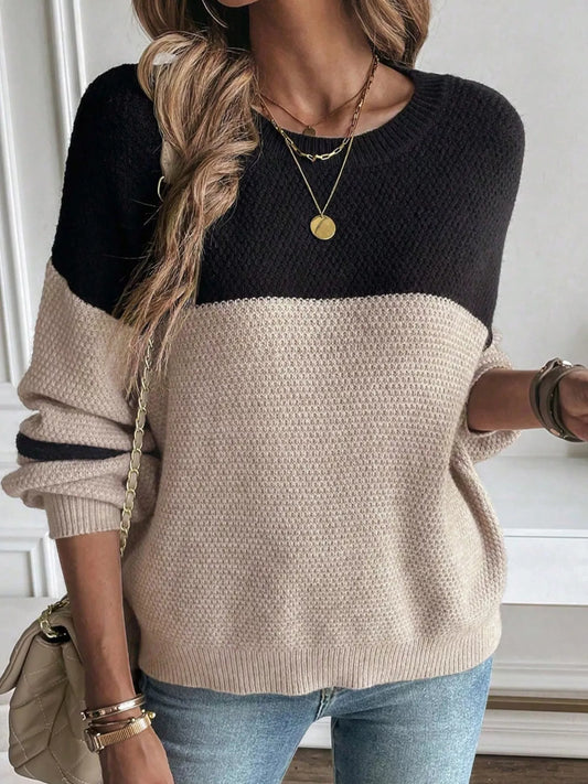 Color Block Knit Striped Sleeve Detail Casual Sweater Khaki