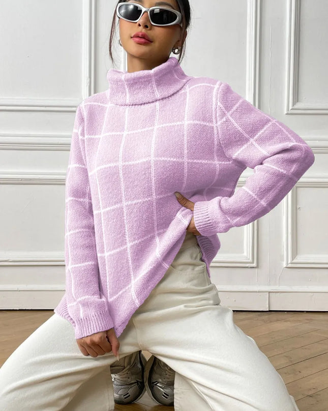 Plaid Turtleneck Long Sleeve Sweater Pink Purple