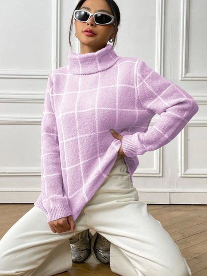 Plaid Turtleneck Long Sleeve Sweater Pink Purple