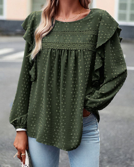 Devine Ruffle Trim Balloon Sleeve Blouse Army Green