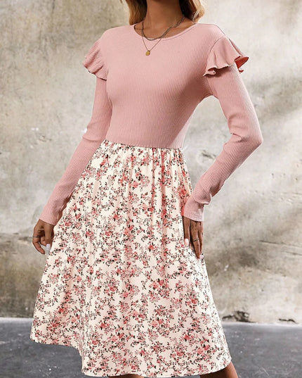 Ruffled Floral Long Sleeve Knee Length Dress