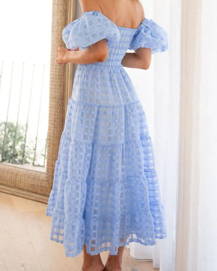 Off Shoulder Short Puff Sleeve Midi Dress