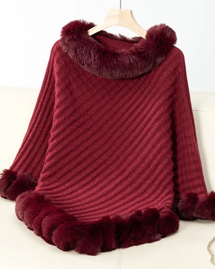 Fuzzy Trim Texture Three-Quarter Sleeve Poncho Burgundy One Size