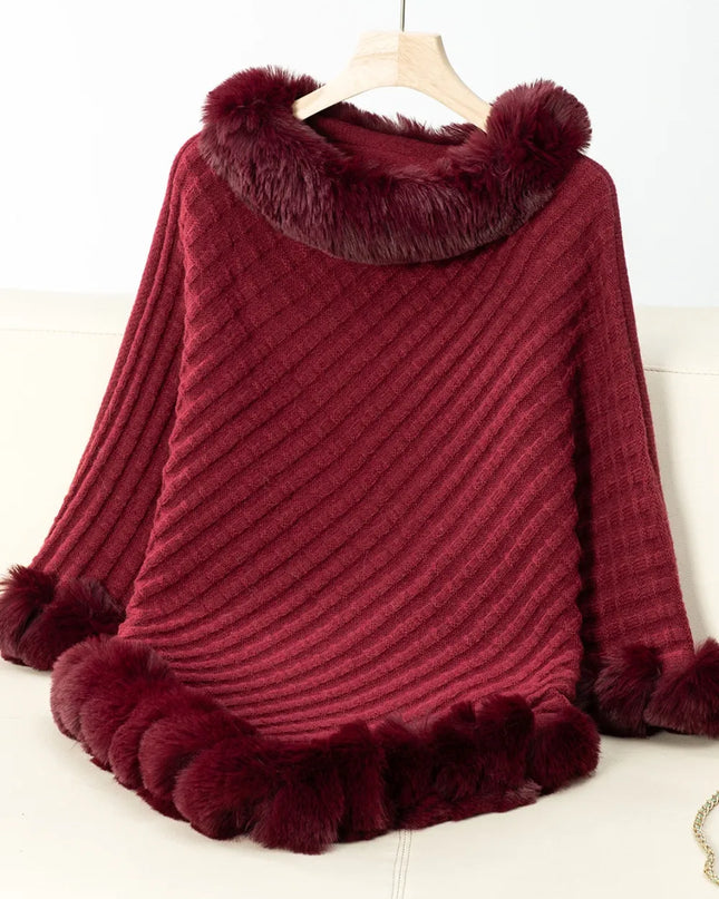 Fuzzy Trim Texture Three-Quarter Sleeve Poncho Burgundy One Size