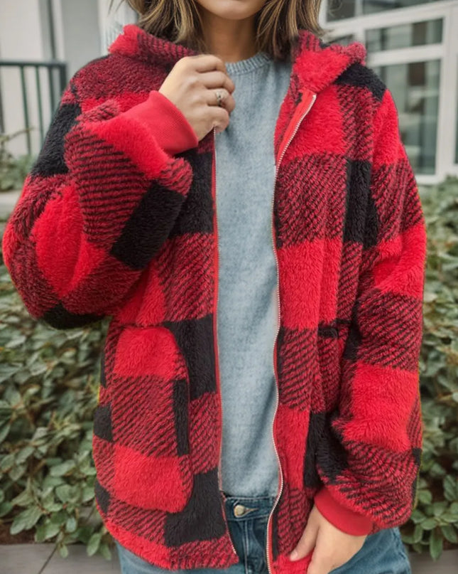 Double Take Full Size Plaid Long Sleeve Hooded Coat Red