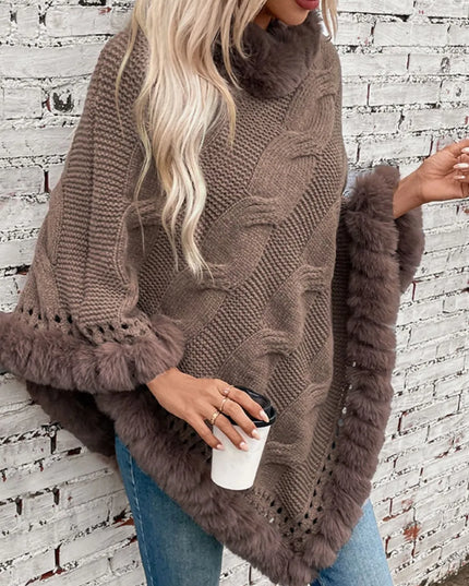 Fuzzy Hem Cable-Knit Poncho