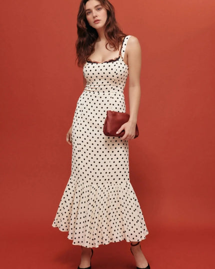 Polka Dot Sweetheart Neckline Maxi Dress White Polka Dots