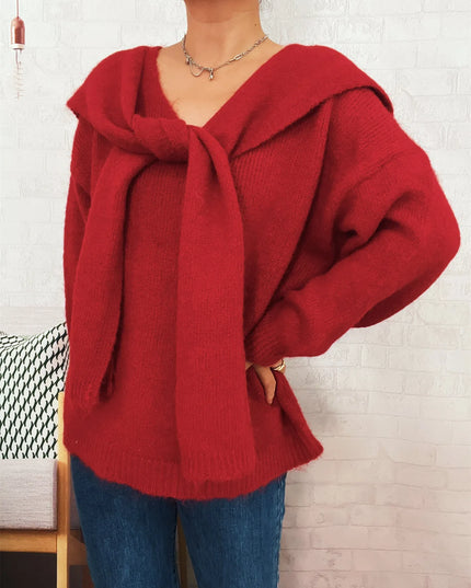 Ribbed Hem V-Neck Sweater with Shawl Red One Size