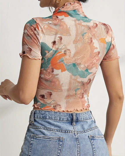 Abstract Print Ruffled Mock Neck Crop T-Shirt