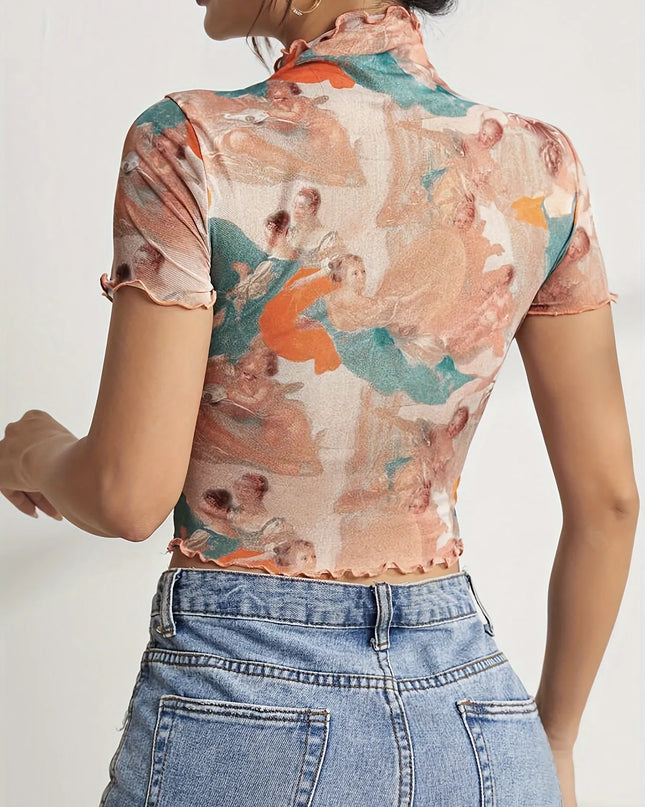 Abstract Print Ruffled Mock Neck Crop T-Shirt