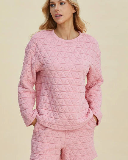 Double Take Full Size Texture Round Neck Long Sleeve Top and Shorts Set