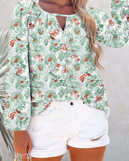 Floral Print Keyhole Neck Blouse Sage