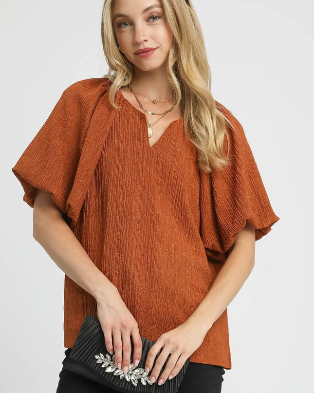 Umgee Textured Flutter Sleeve Notch Neck Top Rust