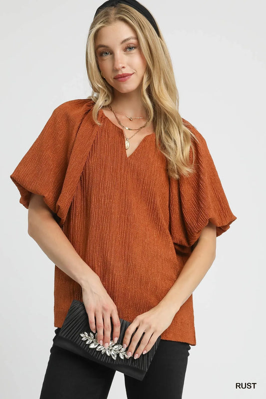 Umgee Textured Flutter Sleeve Notch Neck Top Rust