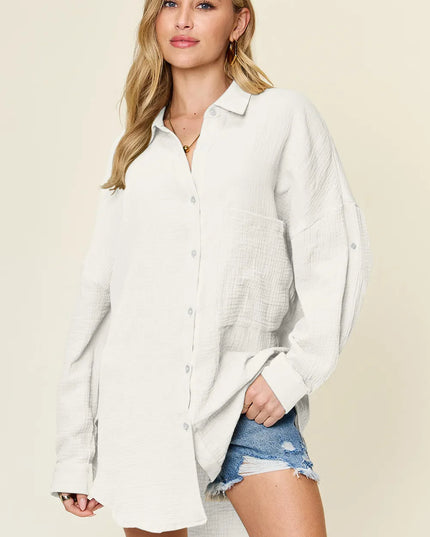 Double Take Full Size Pocketed Texture Button Up Shirt