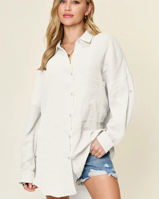 Double Take Full Size Pocketed Texture Button Up Shirt