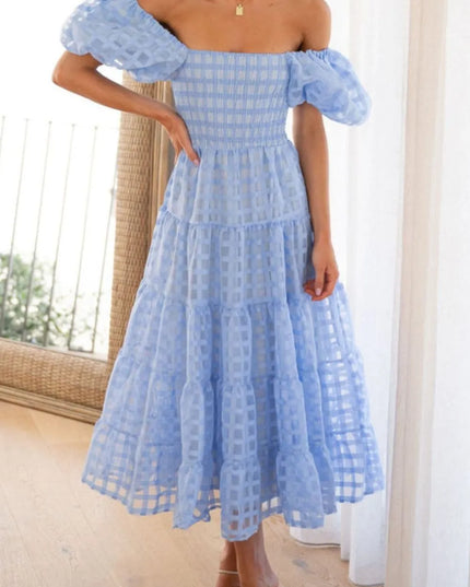 Off Shoulder Short Puff Sleeve Midi Dress