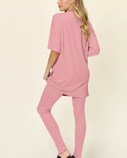 Double Take Full Size Round Neck Dropped Shoulder T-Shirt and Leggings Set