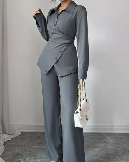 Back Tie Wrap Blazer and Wide Leg Pants Set Dark Gray
