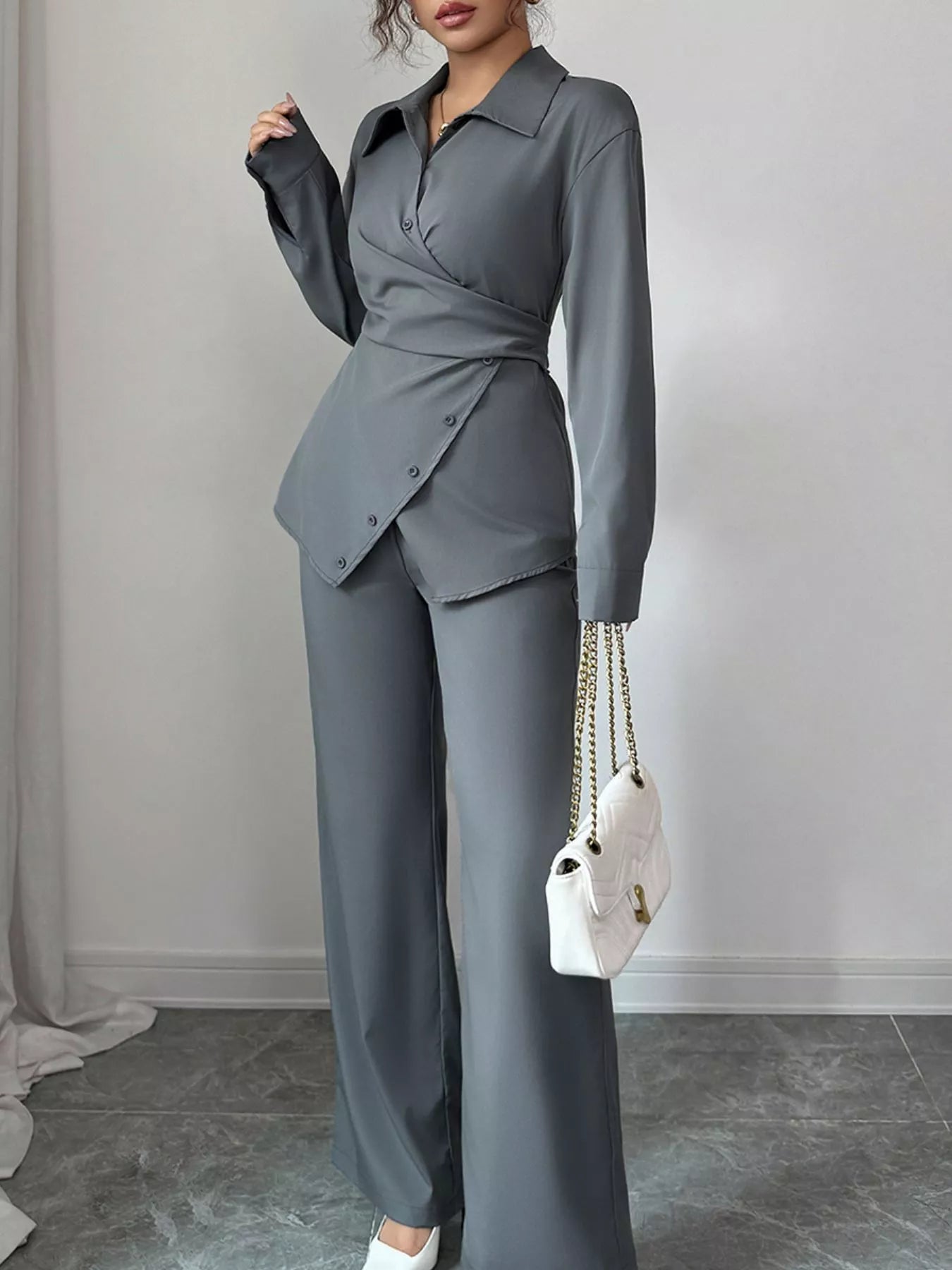 Back Tie Wrap Blazer and Wide Leg Pants Set Dark Gray