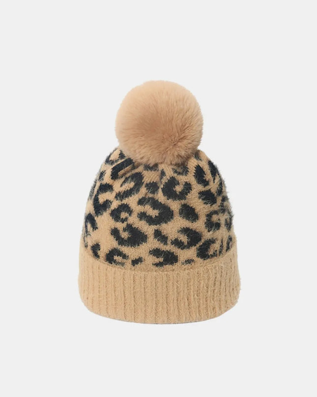 Leopard Hat with Pompom Camel One Size